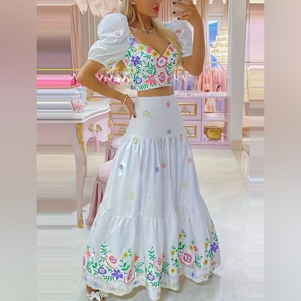 Chic Floral White Maxi Skirt with matching top